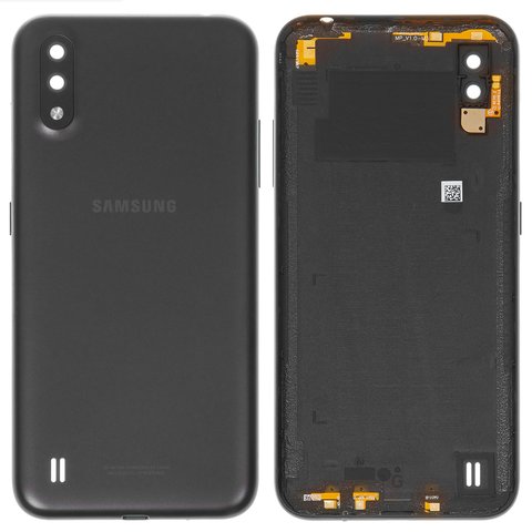 Задня панель корпуса для Samsung A015 Galaxy A01, чорна, із склом камери, з боковою кнопкою