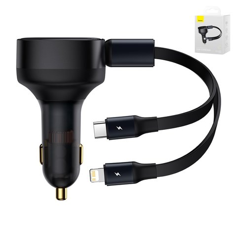 Car Charger Baseus Enjoyment Retractable 2 in 1, black, Quick Charge, with cable, 30 W, 12 24 V  #CGTX000001