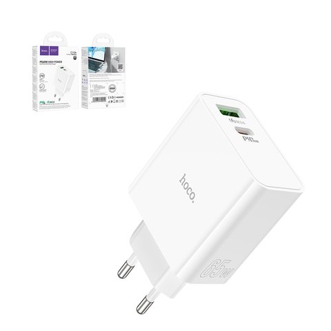 Mains Charger Hoco C113A, 65 W, Power Delivery PD , white, 2 outputs, GaN  #6931474790910