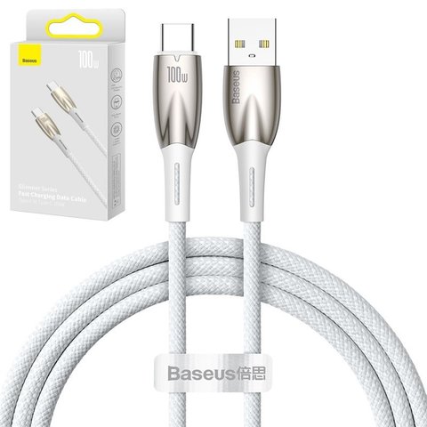 USB Cable Baseus Glimmer, USB type A, USB type C, 100 cm, 100 W, white, nylon braided  #CADH000402