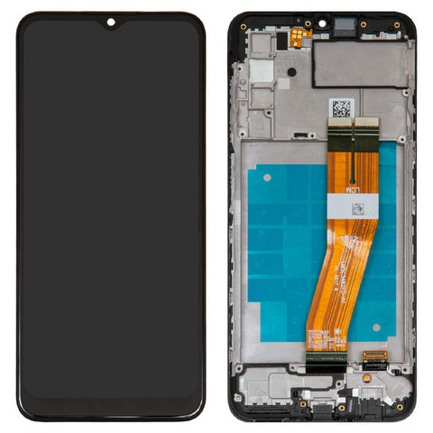 LCD compatible with Samsung A037G Galaxy A03s, black, with frame, Original PRC , with yellow cable, 162x72 mm