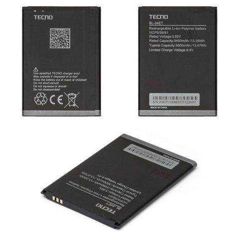Batería BL 34ET puede usarse con Tecno Pop 3 BB2 , Li Polymer, 3.85 V, 3500 mAh, Original PRC 