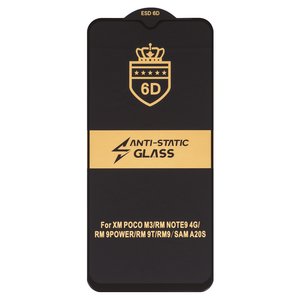 Защитное стекло ESD 6D для Xiaomi Poco M3, Redmi 9, Redmi 9T; Samsung A207 Galaxy A20s, совместимо с чехлом, Anti Static, без упаковки , черный